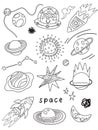 Contour space and planets objects in childish style. Vector illustration