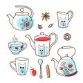 Contour and spot drawings, cup and teapot set, for tea and coffee