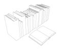 Contour of a stack of books from black lines isolated on a white background. One open book. Isometric view. Vector