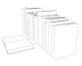 Contour of a stack of books from black lines isolated on a white background. One open book. Perspective view. Vector