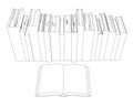 Contour of a stack of books from black lines isolated on a white background. One open book. View from above. Vector