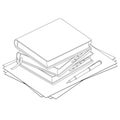 Contour of a stack of books with paper and a pen from black lines isolated on a white background. Vector illustration