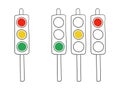 Contour traffic light set. Stop, wait, go sign. Spectacle. Road rule. 3 Stoplight states. Color image with black outline
