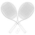 Contour of two crossed tennis rackets with balls from black lines isolated on white background. View from above. Vector Royalty Free Stock Photo