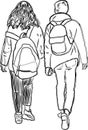 Contour vector drawing of couple teenagers walking together along street Royalty Free Stock Photo