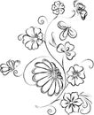Contour vector drawing of decorative fantasy blooming twig with butterflies