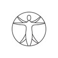 Contour vector icon of vitruvian man. Sign of human figure enclosed in circle for illustration for symmetry and balance. Line art