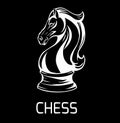 Contour white knight chess horse on black background with word. Proud mustang mascot. Symbol of smart play. Outline object Royalty Free Stock Photo