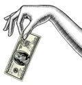 Contour of woman`s hand palm down with a 100 dollars bank note i