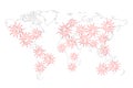 Contour worldwide map with bright red virus icons on white