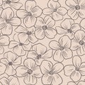 Contoured floral seamless pattern. Simple minimalistic style. Blossoming branches of trees. Outline of flowers.