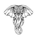 Contoured native elephant head with trunk, tusks and boho ornaments. Ganesha head with decoration. Vector silhouette Royalty Free Stock Photo