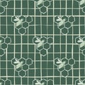 Contoured seamless pattern with bees and honeycombs. Chequered background. White and green tones backdrop