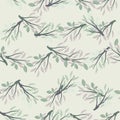 Contoured seamless pattern with navy blue branches ornament and lemon fruit shapes. Grey background