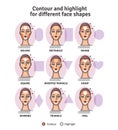 Contouring and highlight makeup guide. Vector set of different types of woman face. Various makeup for woman face. Vector illustra