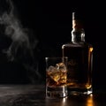 The contours of a bottle of whiskey and a glass with ice cubes on a black background blur and melt into smoke,