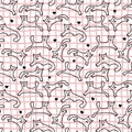 Contours of cute funny cats in different poses. Vector seamless pattern. Hand drawn animal on pink mesh background Royalty Free Stock Photo