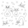 Contours of a set of Funny cats. Adult cat and kitten, arched back, cat face and ornaments