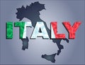 The contours of territory of Italy and Italy word in the colors of the national flag