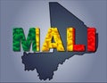 The contours of territory of Mali and Mali word in colours of the national flag