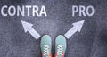 Contra and pro as different choices in life - pictured as words Contra, pro on a road to symbolize making decision and picking