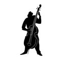 Black and white isolated silhouette with contour. Vector illustration. Contrabass player. Royalty Free Stock Photo