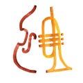 Contrabass and trumpet simple line watercolor illustration isolated with clipping path