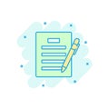 Contract agreement icon in comic style. Document sheet with pen vector cartoon illustration pictogram. Contract arrangement