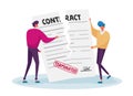 Contract Cancellation, Agreement Termination Concept. Couple of Tiny Male Characters Tearing Huge Paper Contract Sheet Royalty Free Stock Photo