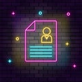 Contract, cv, multicolor neon icon on dark brick wall