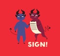 Contract with devil flat vector illustration. Signing agreement with satan. Horned monster offering dangerous treaty