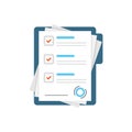 Contract document icon in flat style. Report with signature and approval stamp vector illustration on isolated background. Paper Royalty Free Stock Photo