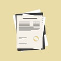 Contract or document signing icon. Document, folder with stamp and text. Contract conditions, research approval validation Royalty Free Stock Photo
