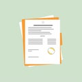 Contract or document signing icon. Document, folder with stamp and text. Contract conditions, research approval validation Royalty Free Stock Photo