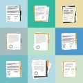 Contract or document signing icon. Document, folder with stamp and text. Contract conditions, research approval validation Royalty Free Stock Photo