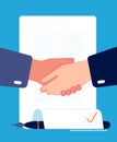 Contract handshaking. Businessman hands sign contract corporate partnership finance and investment concept vector flat Royalty Free Stock Photo