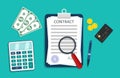 Contract icon with money, calculator, pen and credit card. Paper document with signature about agreement. Work in legal business. Royalty Free Stock Photo