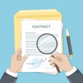 Contract inspection concept. Businessman hands holding magnifying glass over a contract.