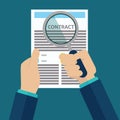 Contract inspection concept - Hand holding magnifying glass over a contract - Flat style Royalty Free Stock Photo