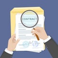 Contract inspection concept. Hands holding magnifying glass over a contract. Contract with signatures and seals. Research document