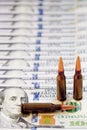 Contract killing and murder for money concept. Bullets on dollar Royalty Free Stock Photo