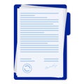 Contract papers. Document with signature and text. Document, folder with stamp and text silhouettes.