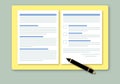 Contract papers with document text and pen on yellow folder. Royalty Free Stock Photo