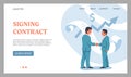 Contract signature landing page. Partners signing paper documents. Businessman negotiation. Business agreement. Office