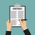 Contract signing. A male left hand holds a document, the right hand signs. Modern concept for web banners, web sites, infographics