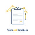 Contract terms and conditions, document paper, creative writing, read brief summary, assignment. Vector illustration.