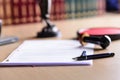 Contract waiting for a notary public sign on desk. Royalty Free Stock Photo