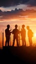 Contractor concept sunset teamwork on construction project, safety silhouette