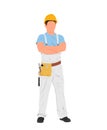 Contractor, Construction Worker, Handyman In Overall And Tool Belt Holding Drill