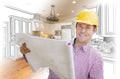 Contractor Holding Blueprints Over Custom Kitchen Drawing and Ph Royalty Free Stock Photo